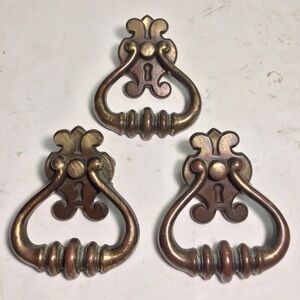 (3) VINTAGE BRASS FINISH DRAWER PULLS / HANDLES w/Patina ~ w/ORIGINAL SCREWS